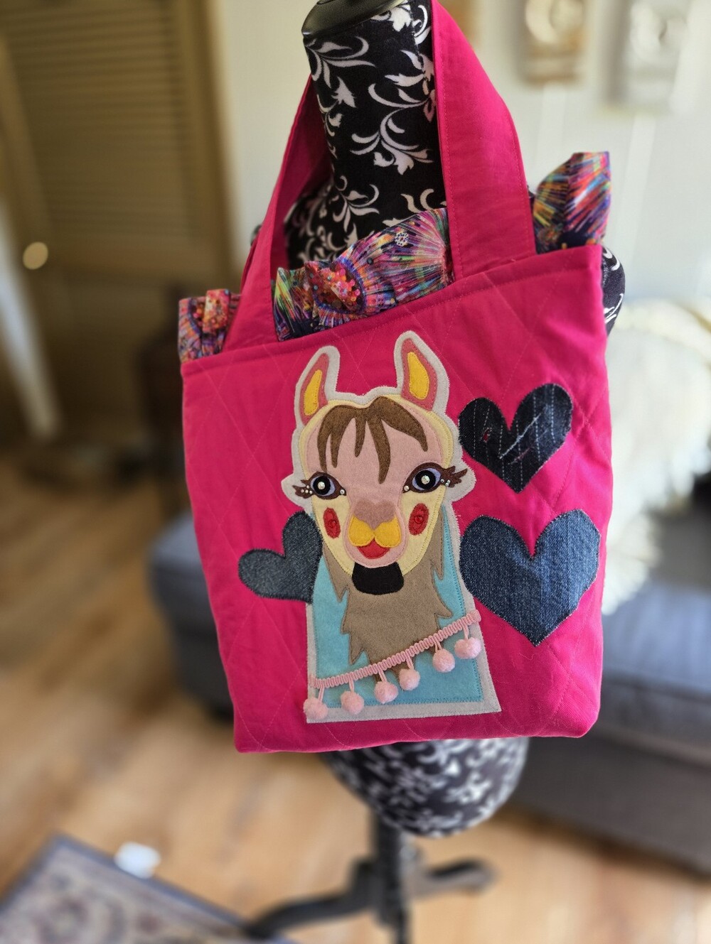 Bright Pink Llama Tote Bag with Heart Appliqués